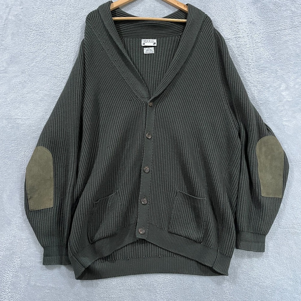 VTG Brenire Sweater Mens XXL Merino Wool Green Chunky Leather Patches Scotland